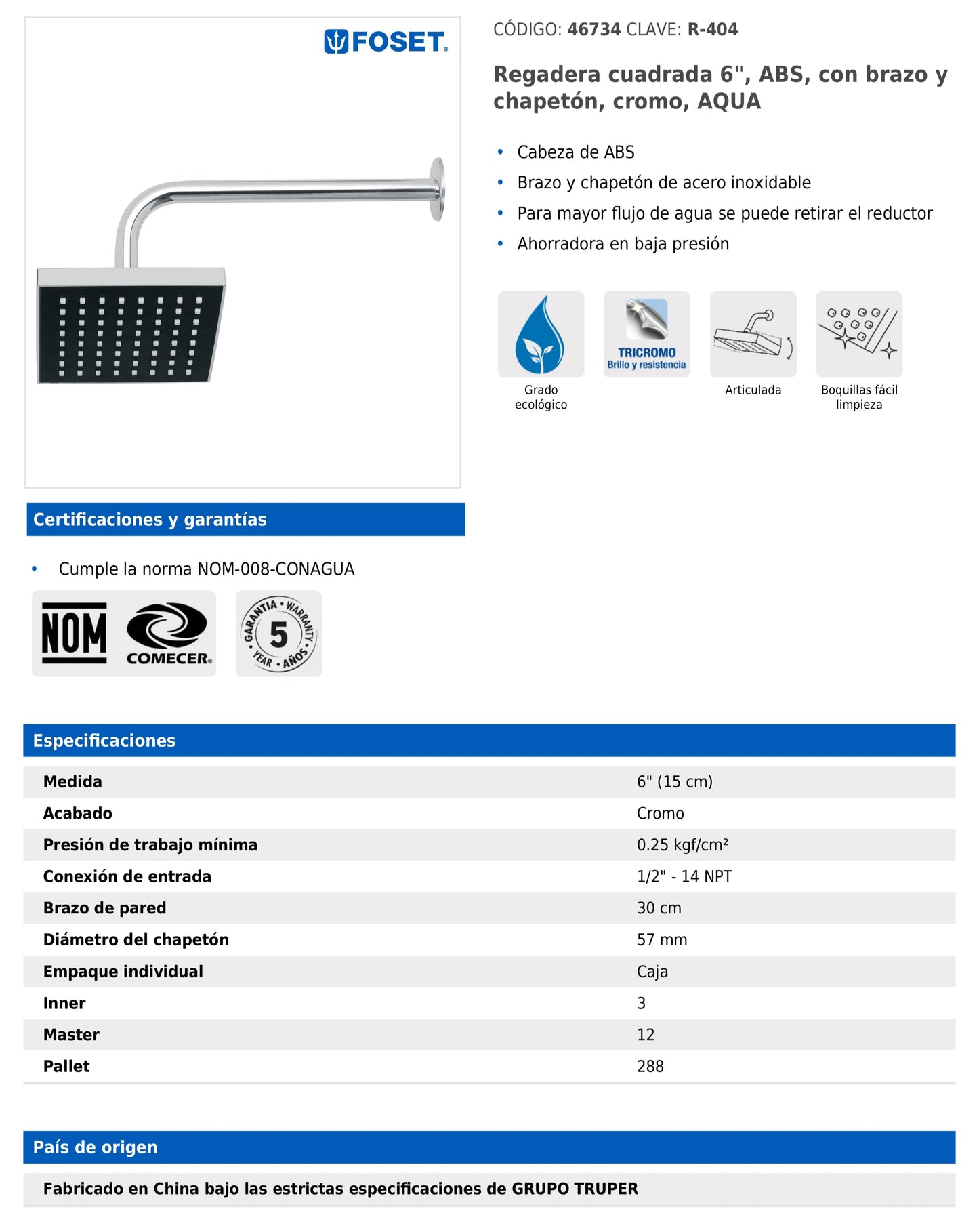 Regadera cuadrada de 6" en ABS con brazo y chapetón cromados