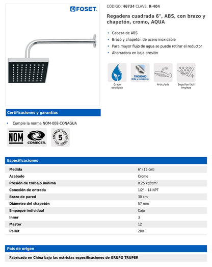 Regadera cuadrada de 6" en ABS con brazo y chapetón cromados