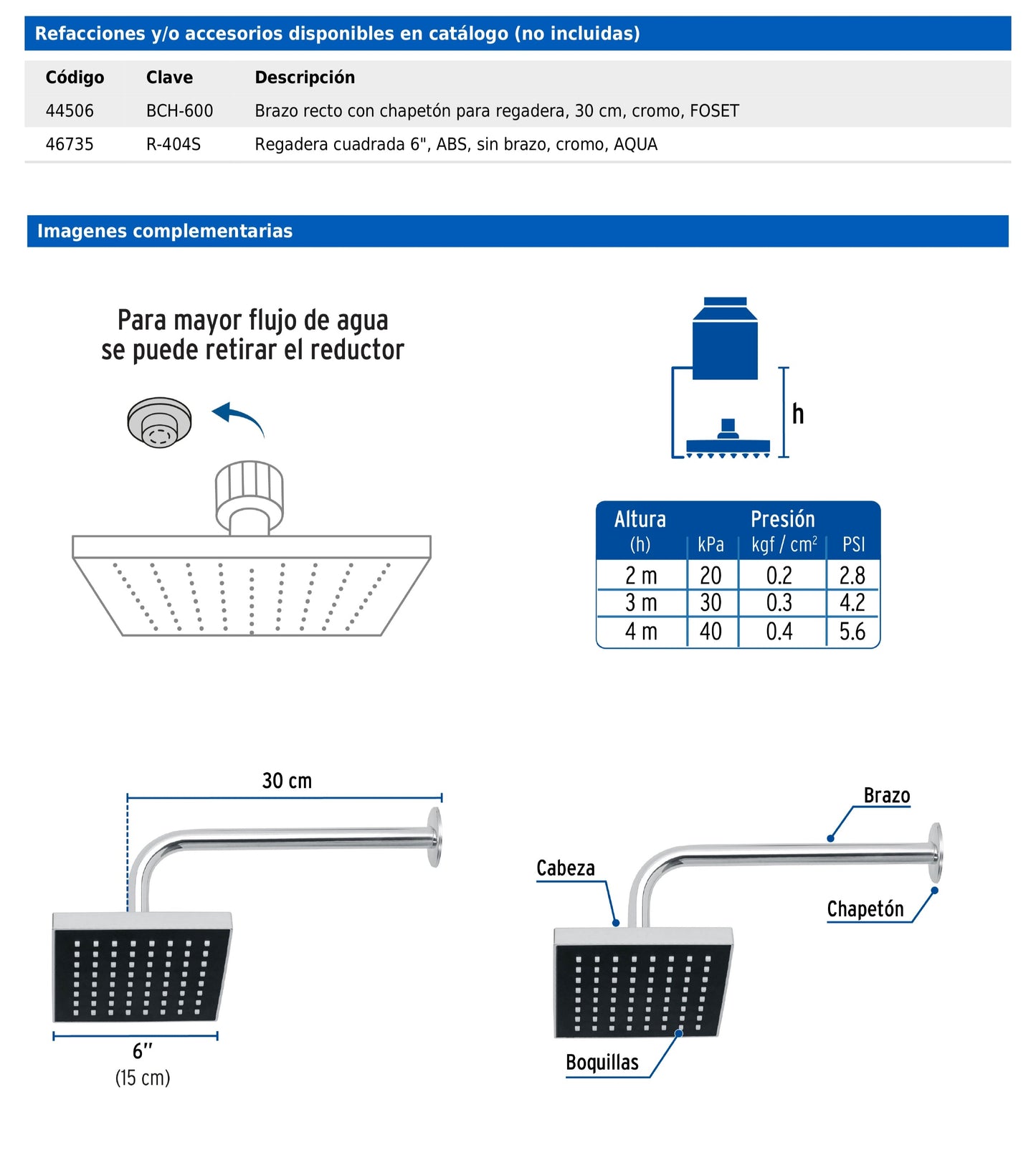 Regadera cuadrada de 6" en ABS con brazo y chapetón cromados