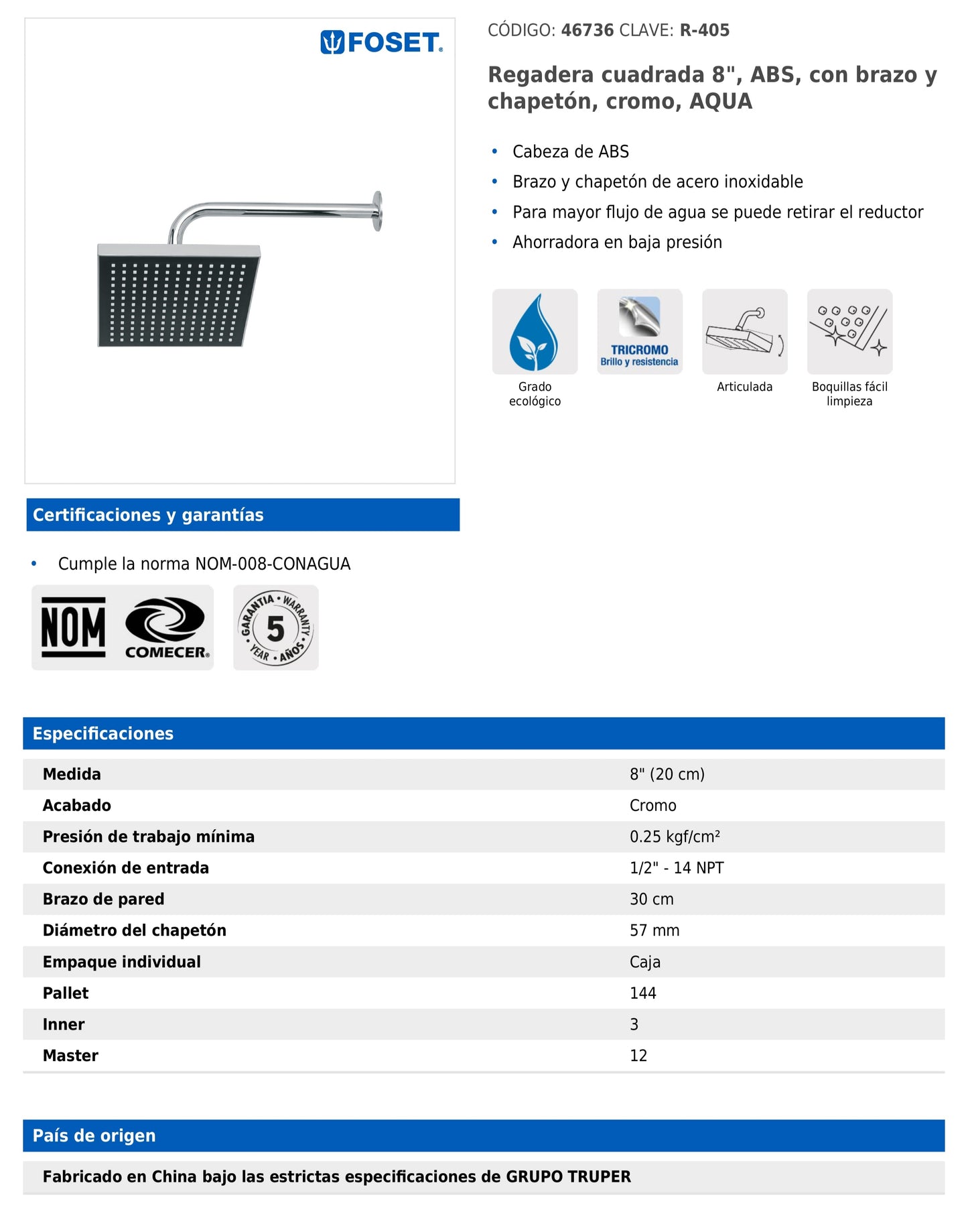 Regadera cuadrada de 8" en ABS con brazo y chapetón cromados