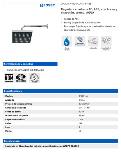 Regadera cuadrada de 8" en ABS con brazo y chapetón cromados