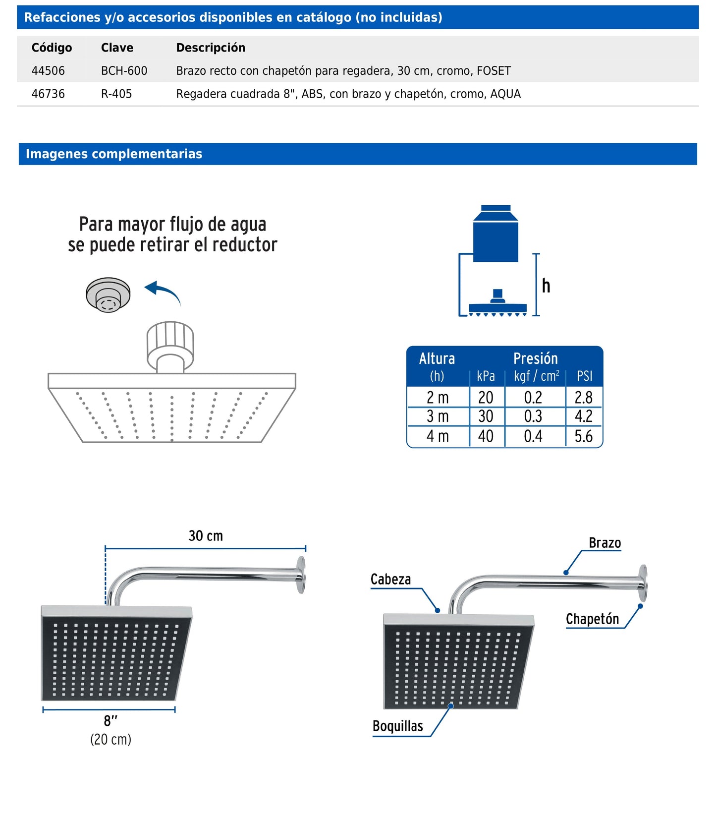Regadera cuadrada de 8" en ABS con brazo y chapetón cromados