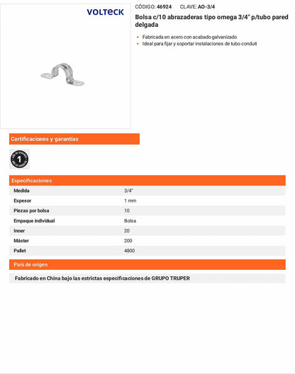 Bolsa 10 abrazaderas omega 3/4 pulg