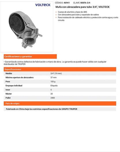 Mufa con abrazadera tubo 3/4 pulg