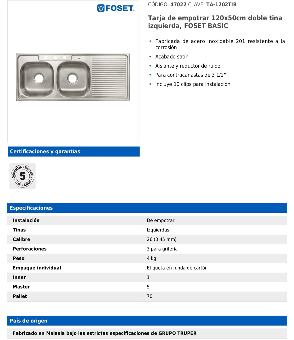 Tarja de empotrar de 120x50 cm con doble tina izquierda y acabado satín