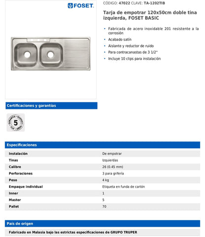 Tarja de empotrar de 120x50 cm con doble tina izquierda y acabado satín