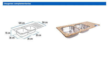 Tarja de empotrar de 120x50 cm con doble tina izquierda y acabado satín