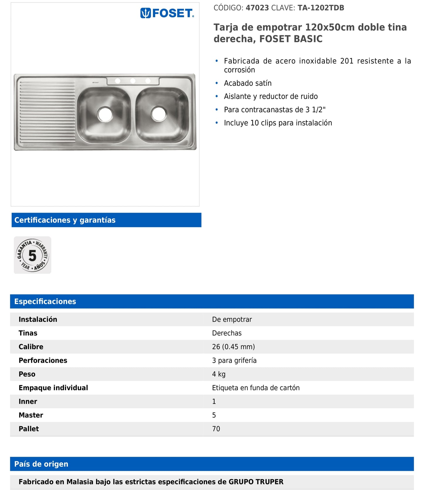 Tarja de empotrar de 120x50 cm con doble tina derecha y acabado satín
