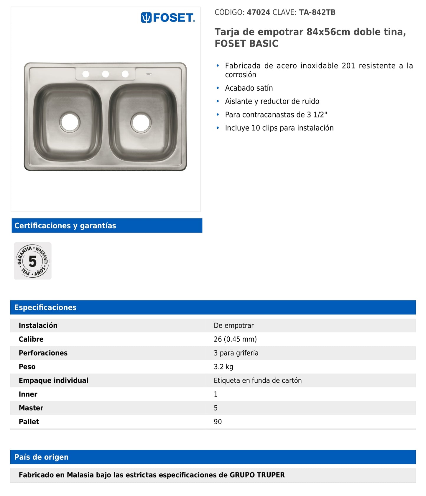 Tarja de empotrar de 84x56 cm con doble tina y tres perforaciones para grifería