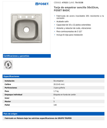 Tarja de empotrar sencilla de 50 x 53 cm con acabado satín