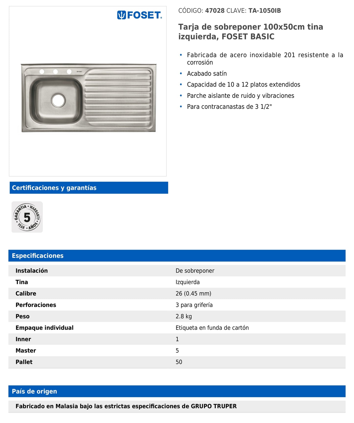 Tarja de sobreponer de 100x50 cm con tina izquierda y acabado satín