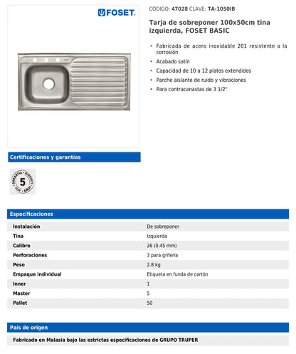 Tarja de sobreponer de 100x50 cm con tina izquierda y acabado satín