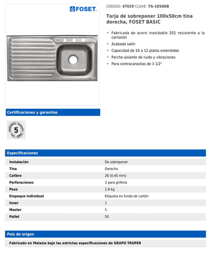 Tarja de sobreponer de 100x50 cm con tina derecha y acabado satín