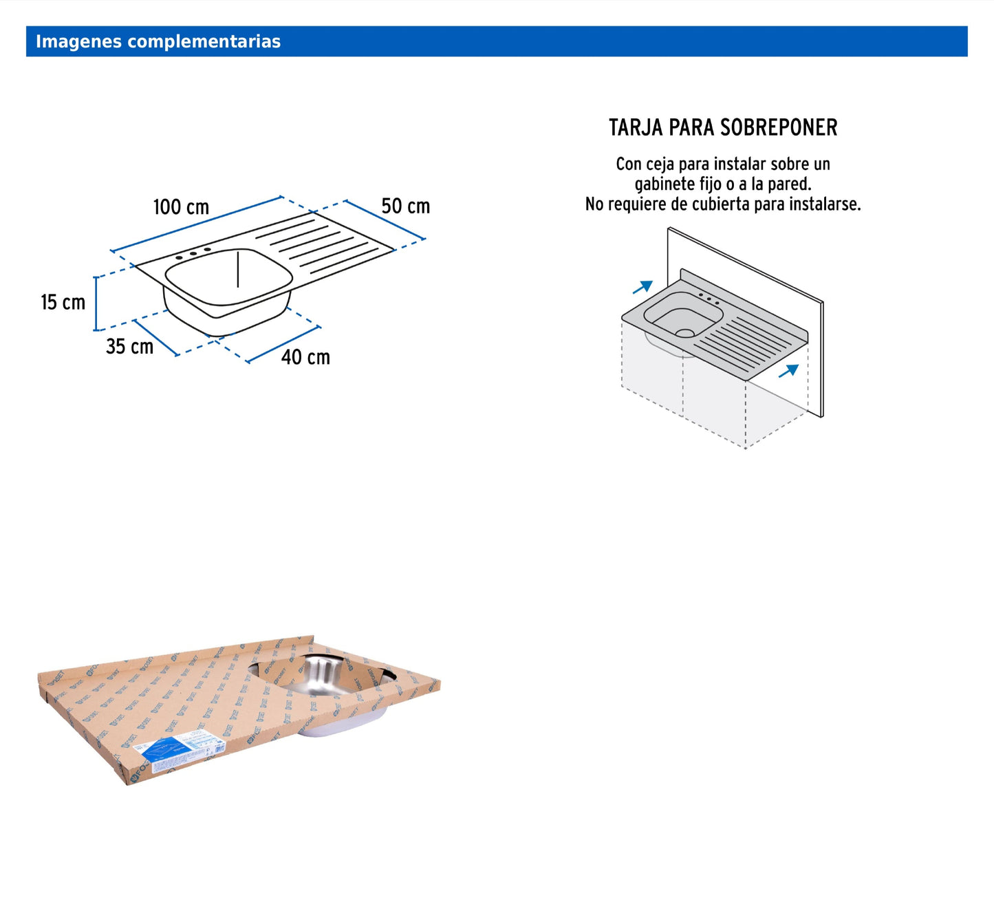 Tarja de sobreponer de 100x50 cm con tina derecha y acabado satín