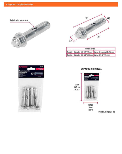 4 Taquetes Expansivos 3/8 pulg con Tornillo