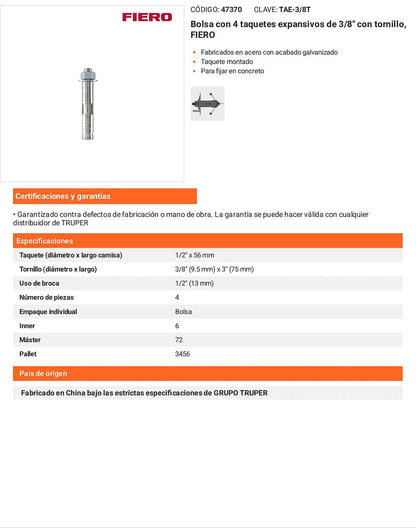 4 Taquetes Expansivos 3/8 pulg con Tornillo