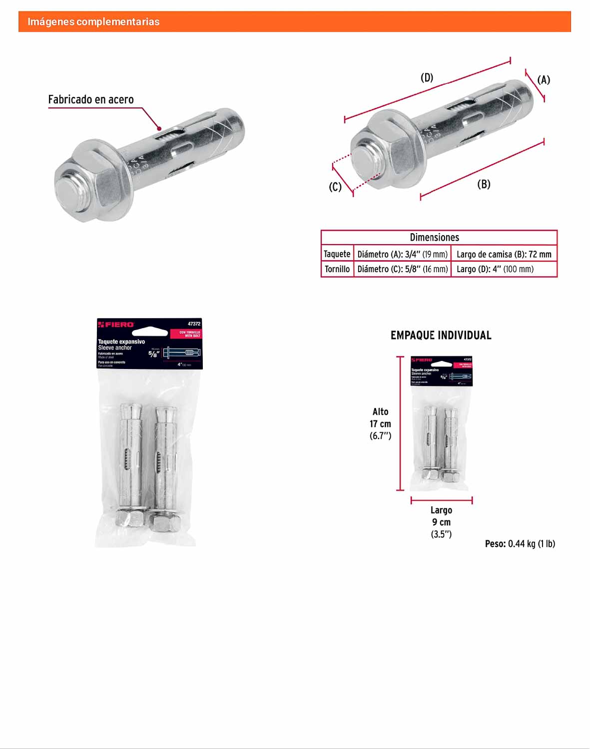 2 Taquetes Expansivos 5/8 pulg con Tornillo