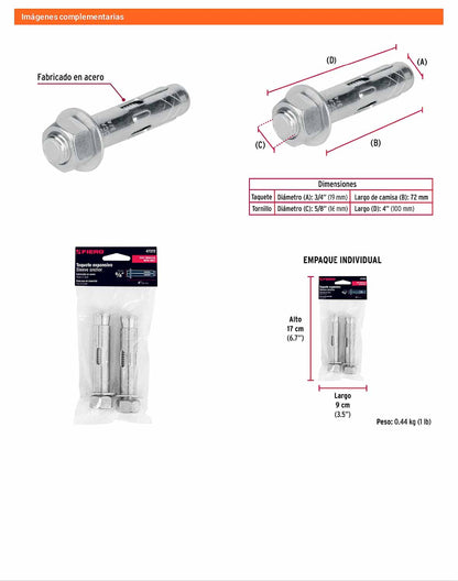 2 Taquetes Expansivos 5/8 pulg con Tornillo