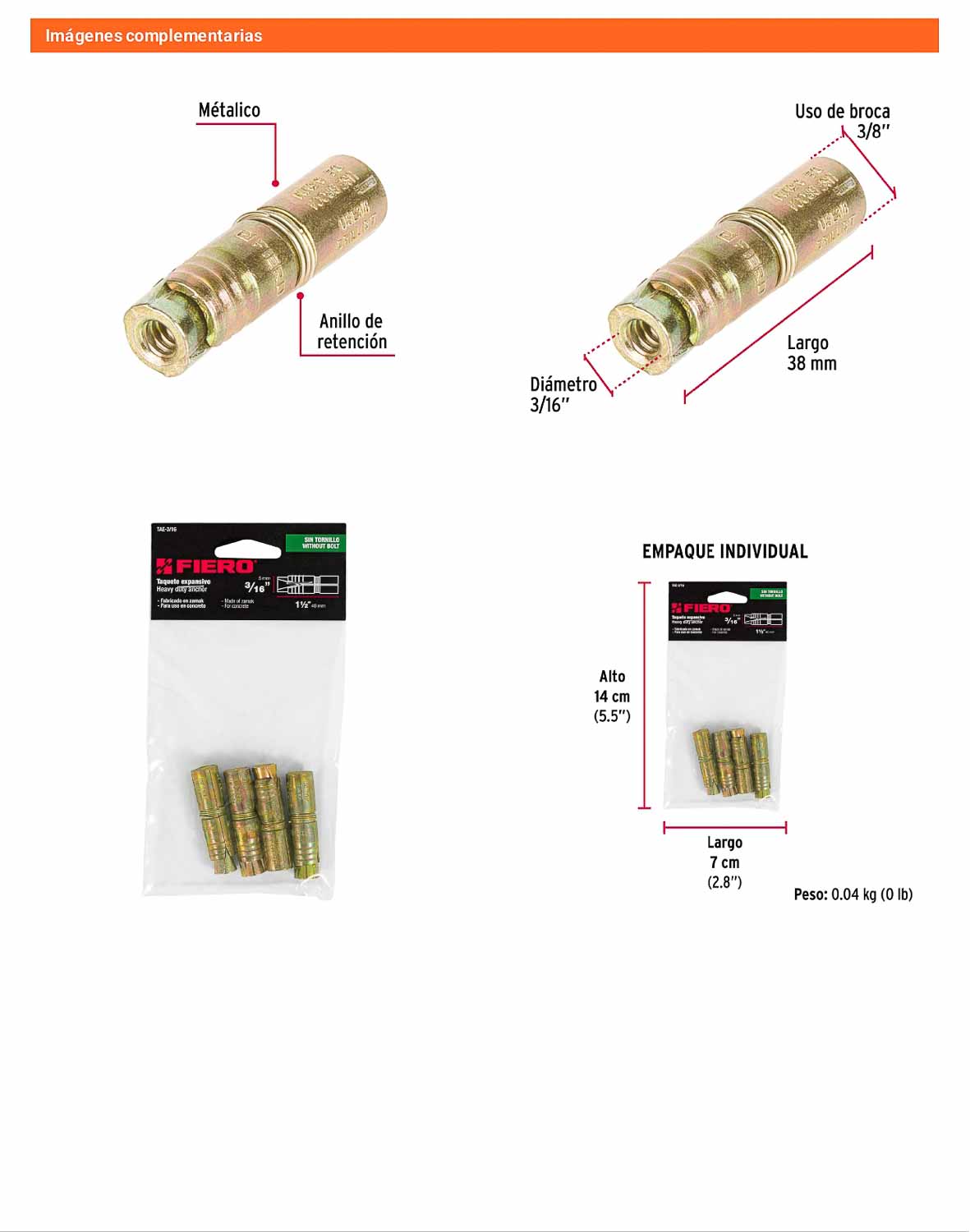 4 Taquetes Expansivos 3/16 pulg sin Tornillo
