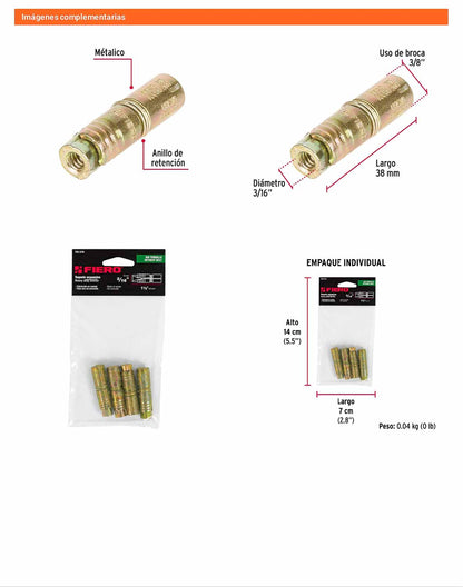 4 Taquetes Expansivos 3/16 pulg sin Tornillo