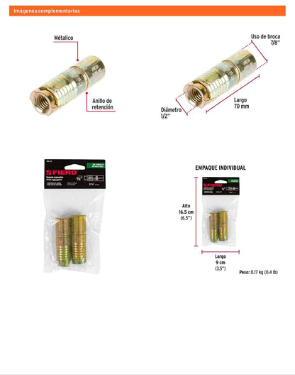 2 Taquetes Expansivos 1/2 pulg sin Tornillo