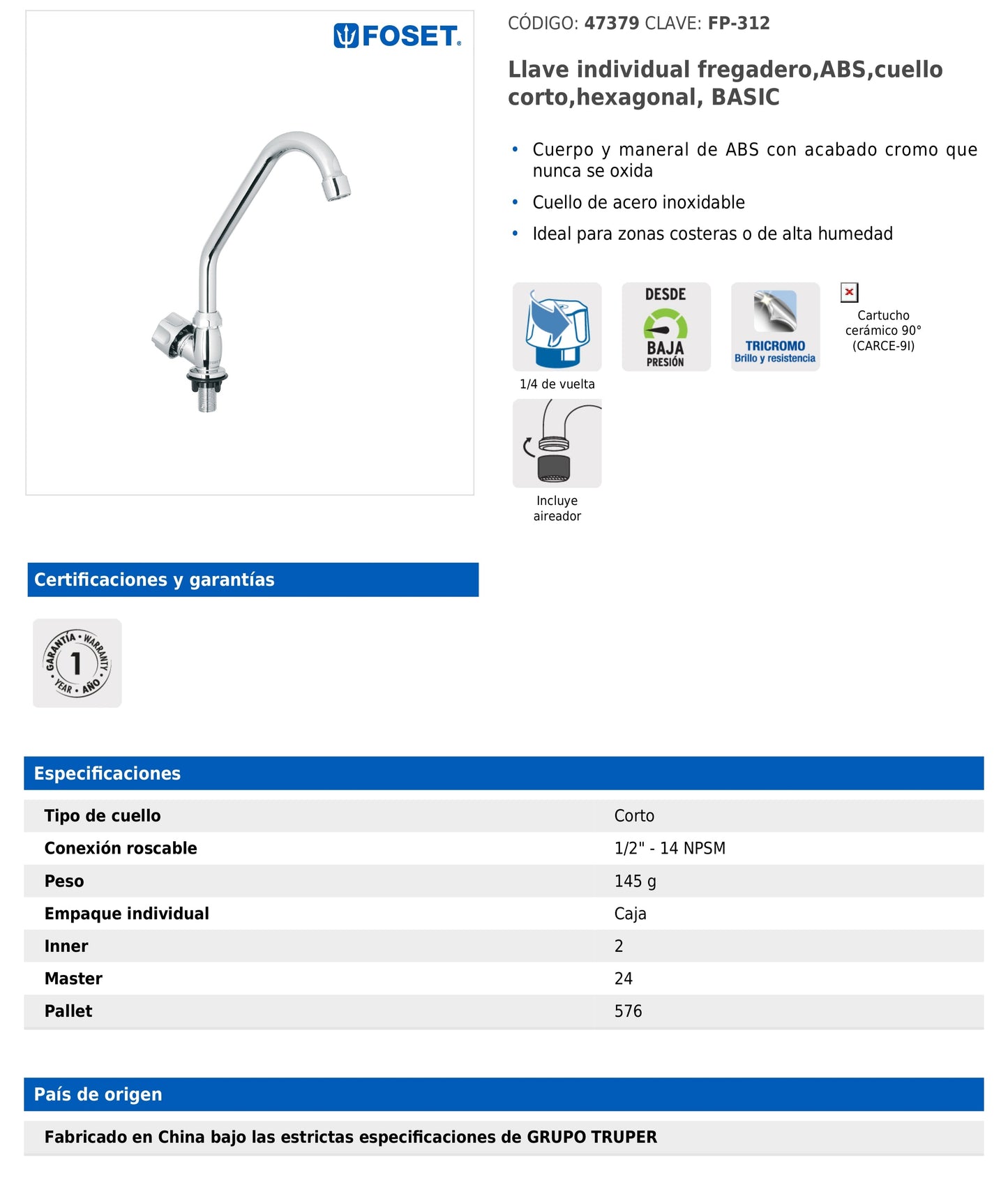 Llave individual para fregadero de ABS con cuello corto y maneral hexagonal