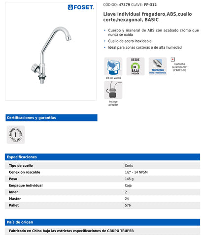 Llave individual para fregadero de ABS con cuello corto y maneral hexagonal