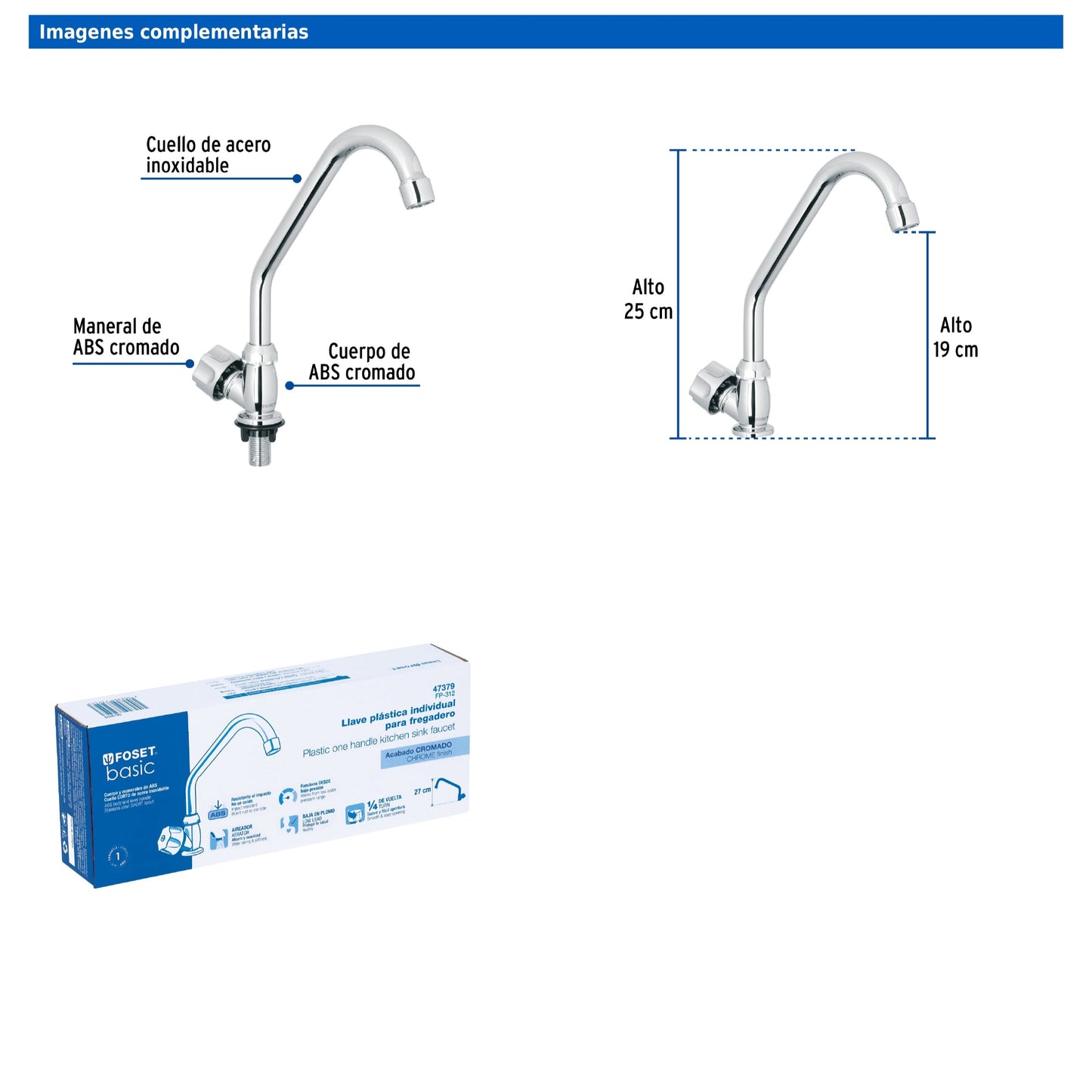 Llave individual para fregadero de ABS con cuello corto y maneral hexagonal