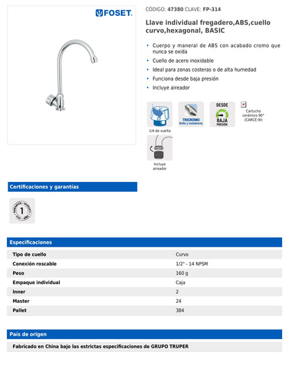 Llave individual para fregadero de ABS con cuello curvo y maneral hexagonal