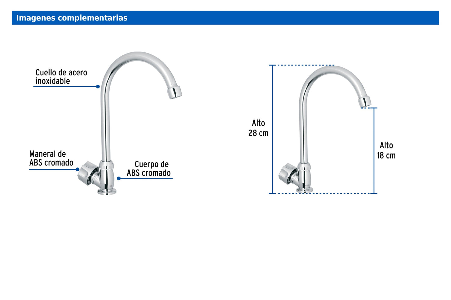 Llave individual para fregadero de ABS con cuello curvo y maneral hexagonal