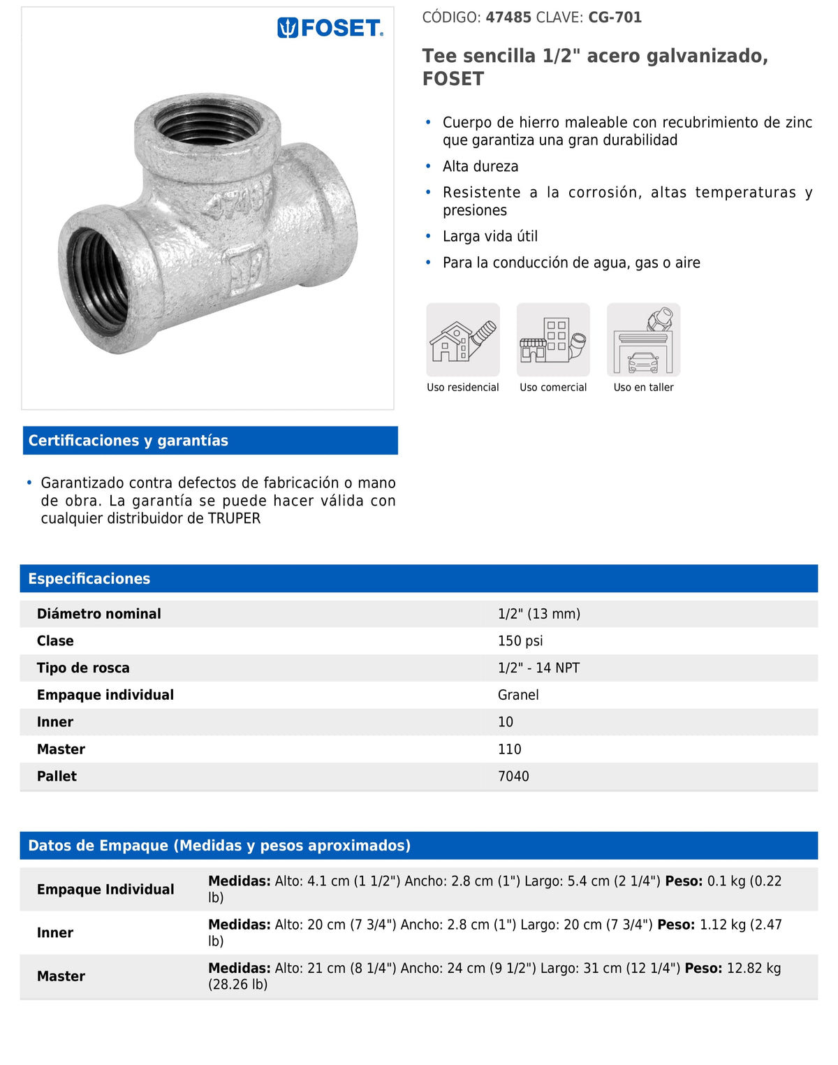 Tee sencilla de 1/2" en acero galvanizado