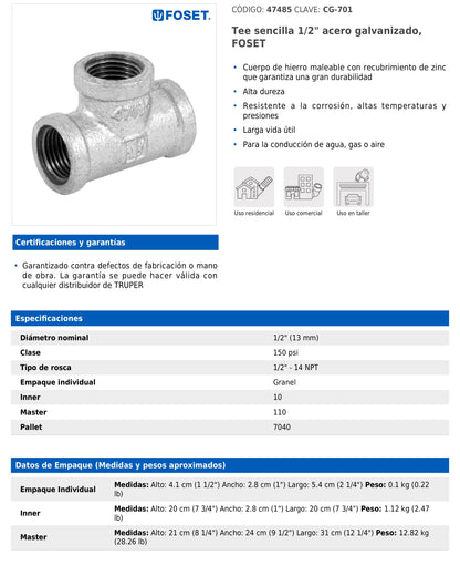 Tee sencilla de 1/2" en acero galvanizado