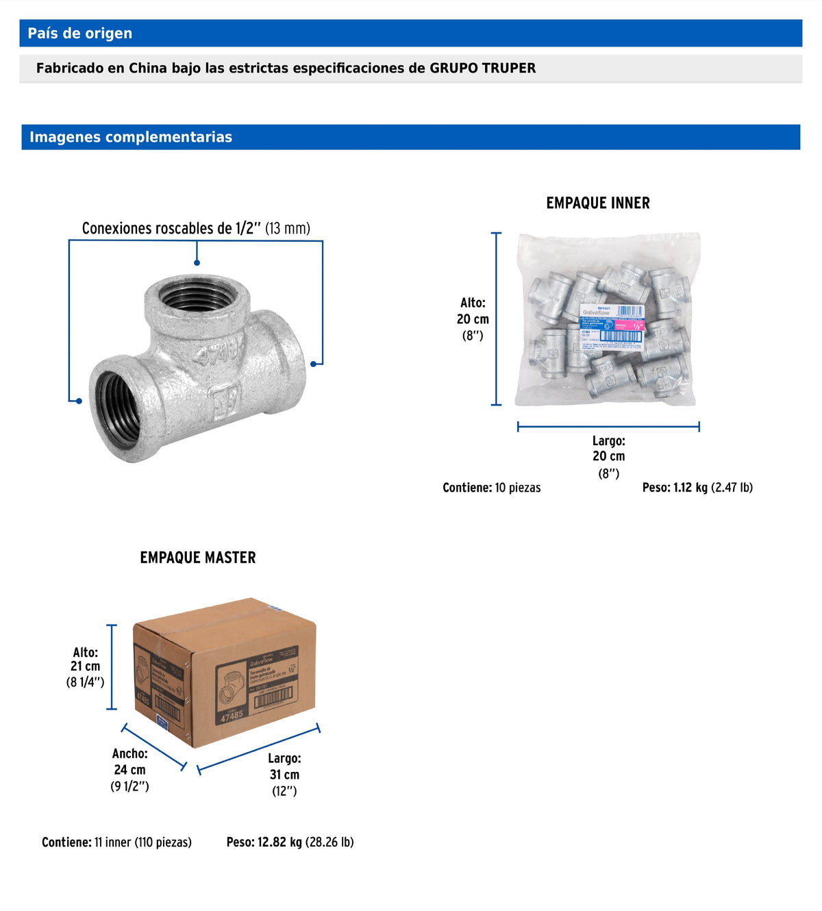 Tee sencilla de 1/2" en acero galvanizado