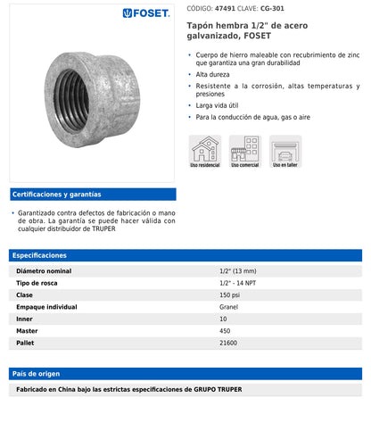 Tapón hembra de 1/2" en acero galvanizado para conducción de agua y gas o aire