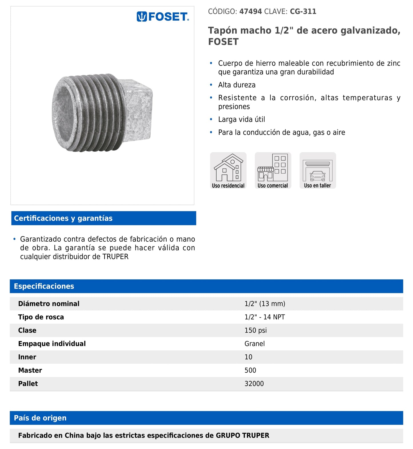 Tapón macho de 1/2" en acero galvanizado