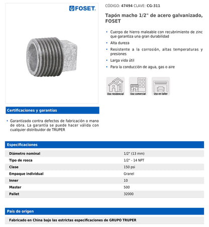 Tapón macho de 1/2" en acero galvanizado