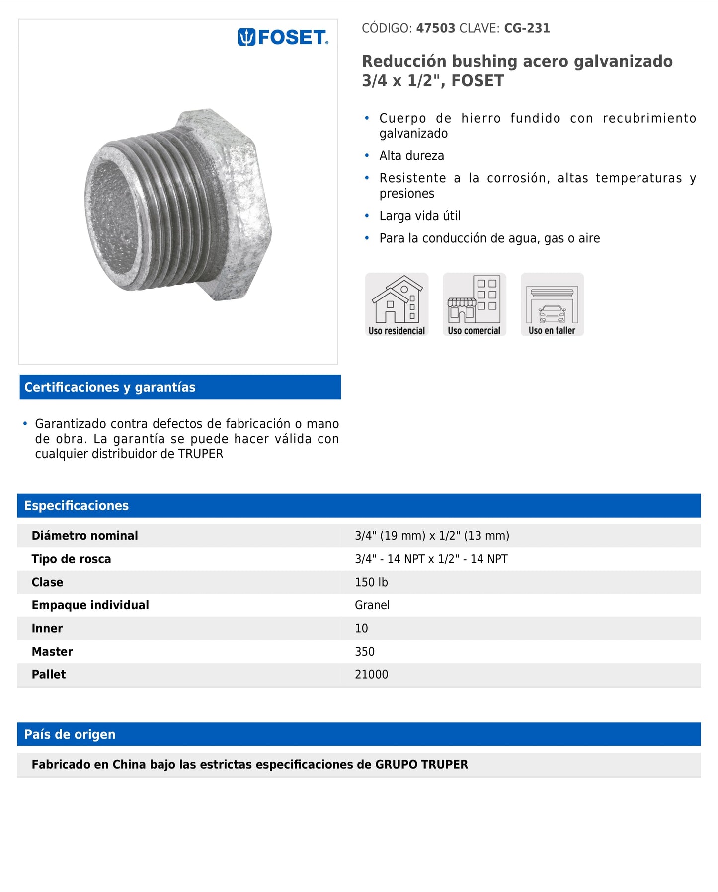 Reducción bushing de 3/4" x 1/2" en acero galvanizado