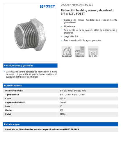 Reducción bushing de 3/4" x 1/2" en acero galvanizado