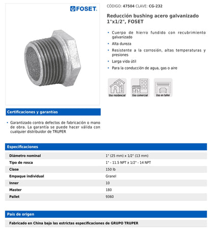 Reducción bushing de 1" x 1/2" en acero galvanizado