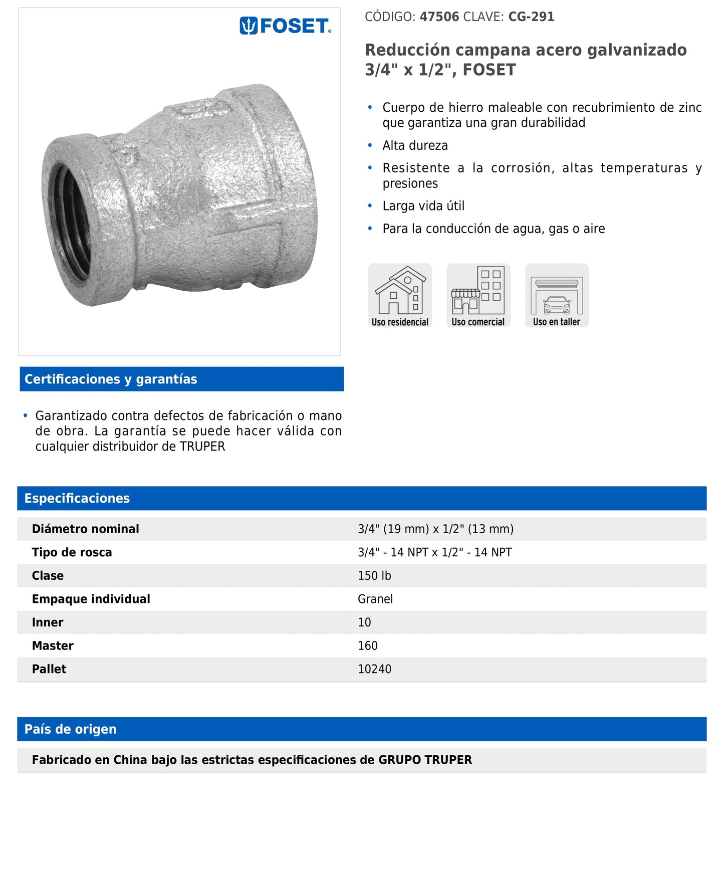 Reducción campana de 3/4" x 1/2" en acero galvanizado