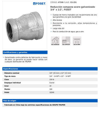 Reducción campana de 3/4" x 1/2" en acero galvanizado