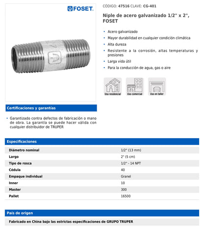 Niple de acero galvanizado de 1/2" x 2"
