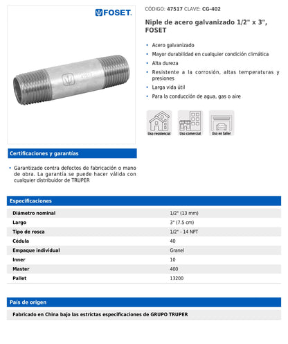 Niple de acero galvanizado de 1/2" x 3"