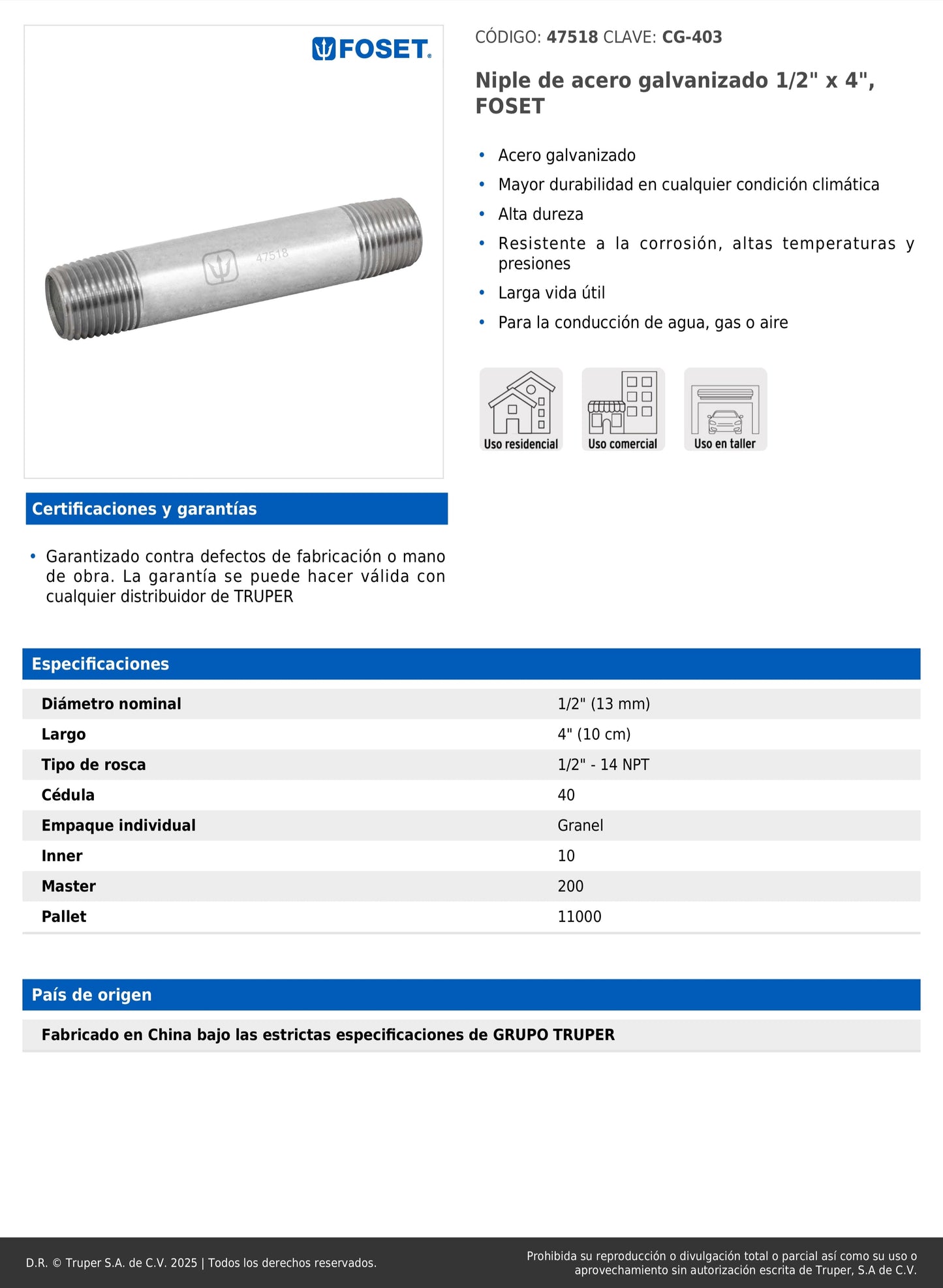 Niple de acero galvanizado de 1/2" x 4"