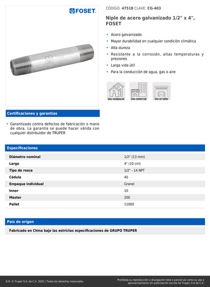 Niple de acero galvanizado de 1/2" x 4"