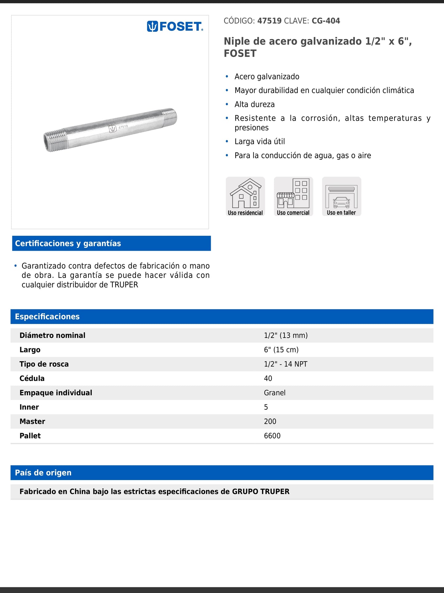 Niple de acero galvanizado de 1/2 pulgada por 6 pulgadas