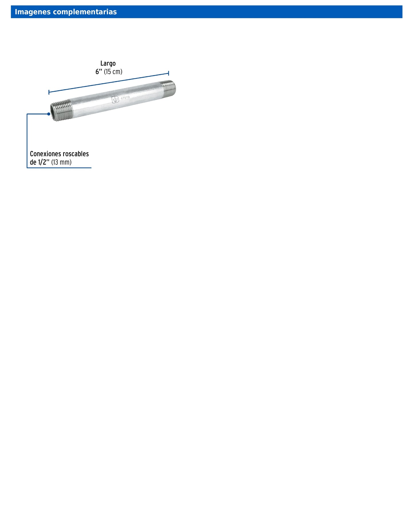 Niple de acero galvanizado de 1/2 pulgada por 6 pulgadas