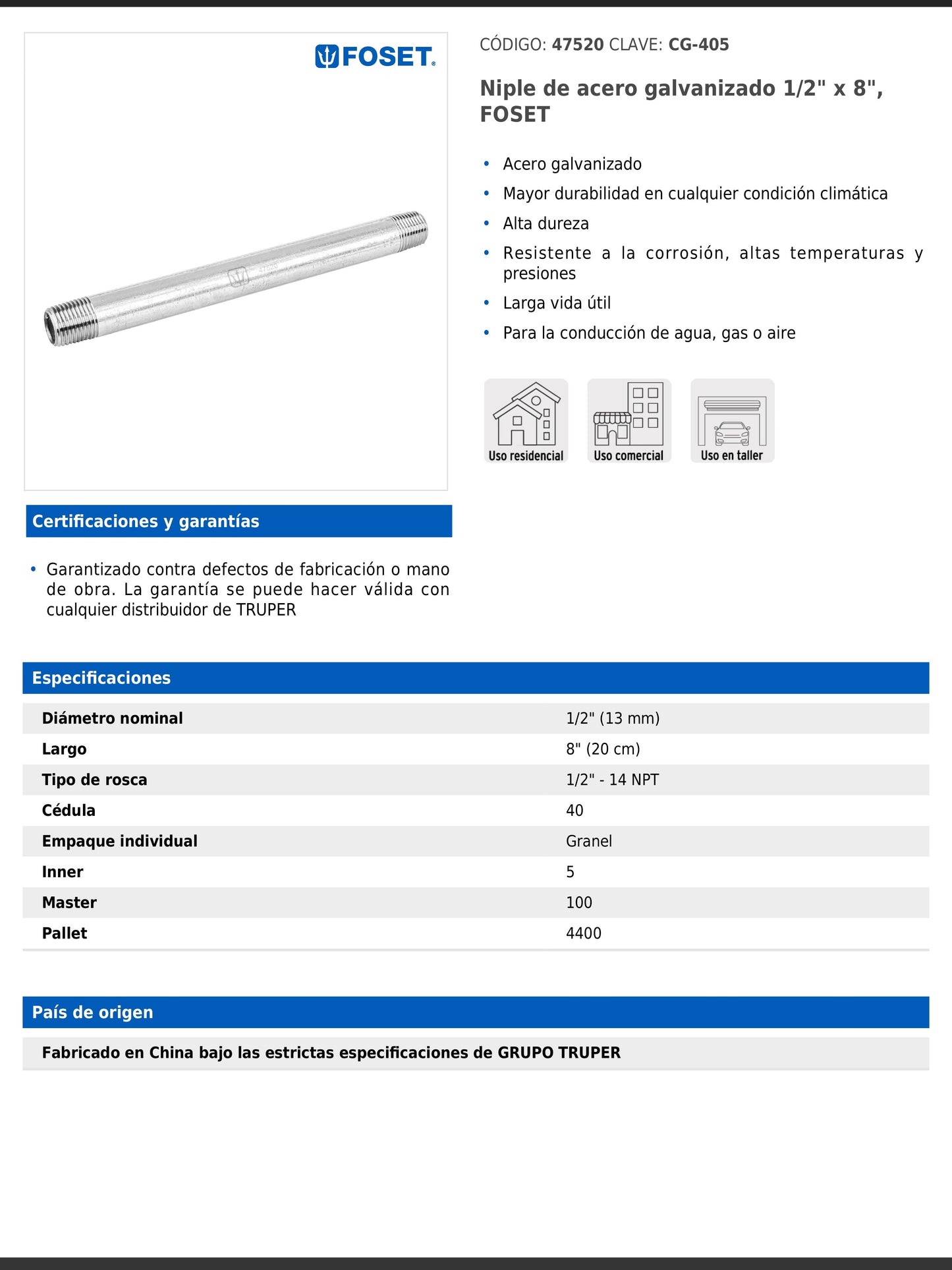 Niple de acero galvanizado de 1/2 pulgada por 8 pulgadas