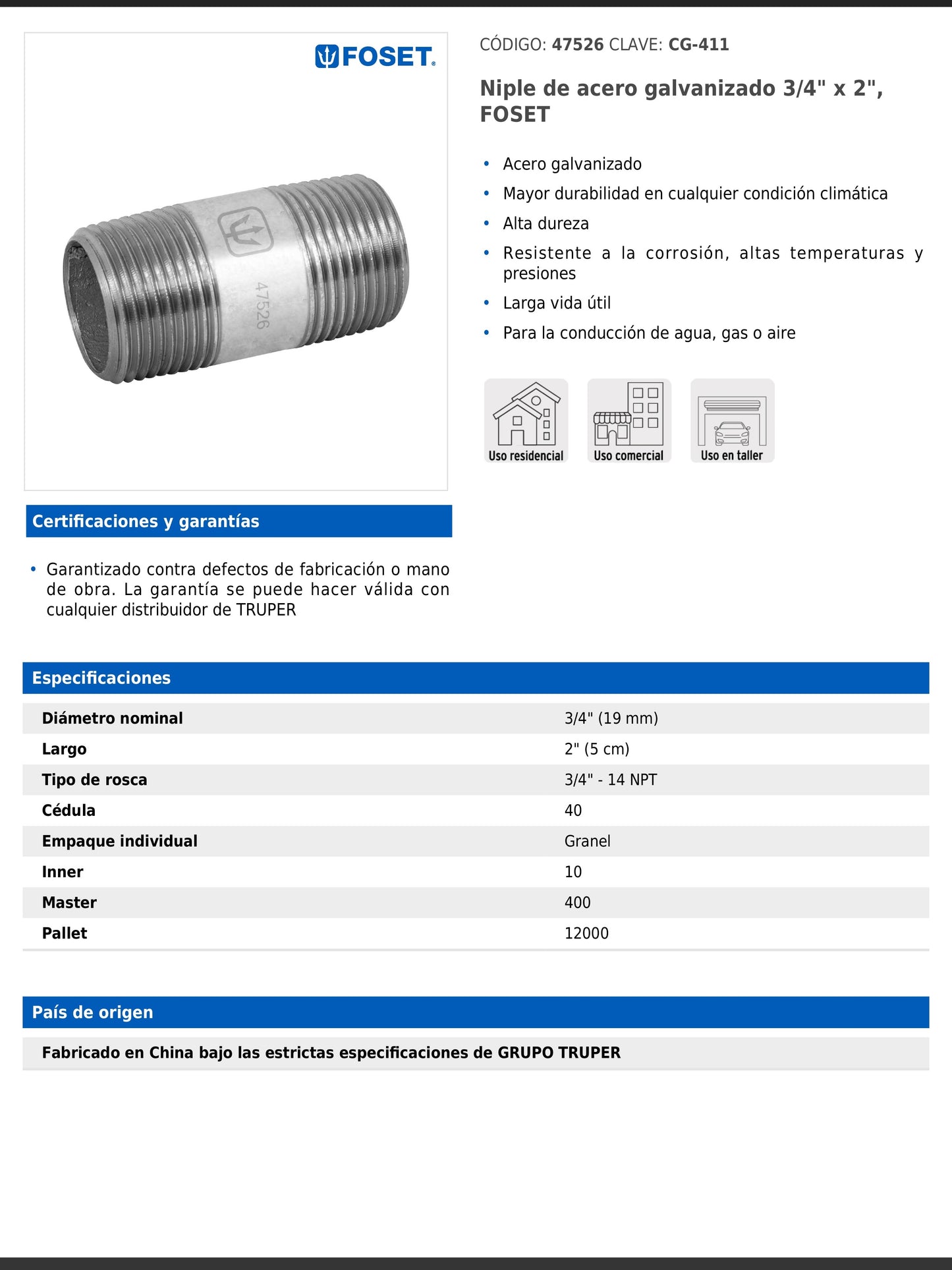 Niple de acero galvanizado de 3/4 pulgada por 2 pulgadas