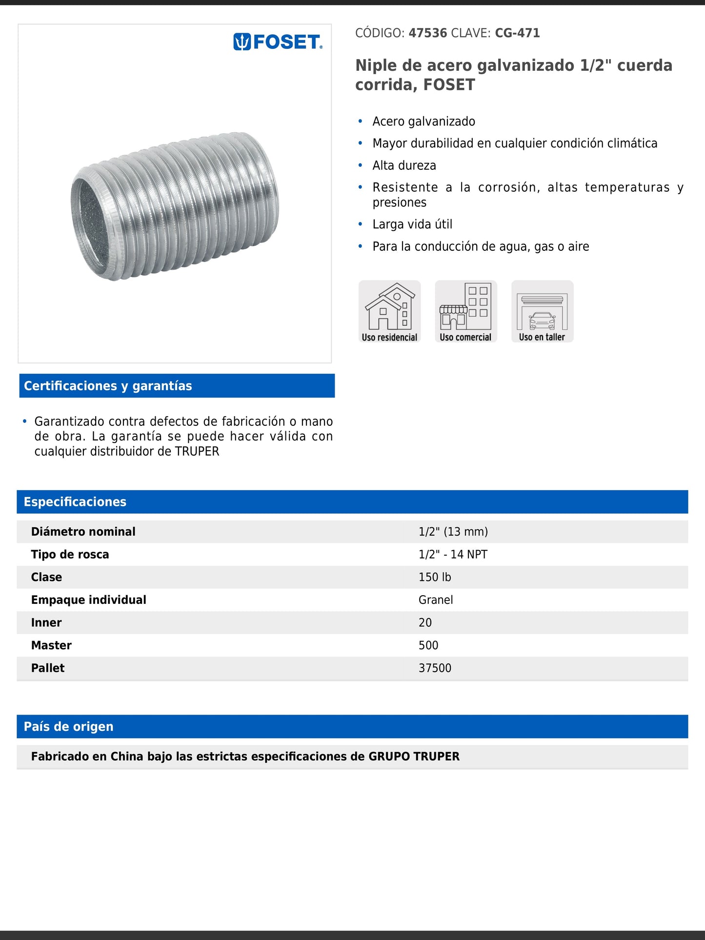 Niple de acero galvanizado de 1/2 pulgada con cuerda corrida